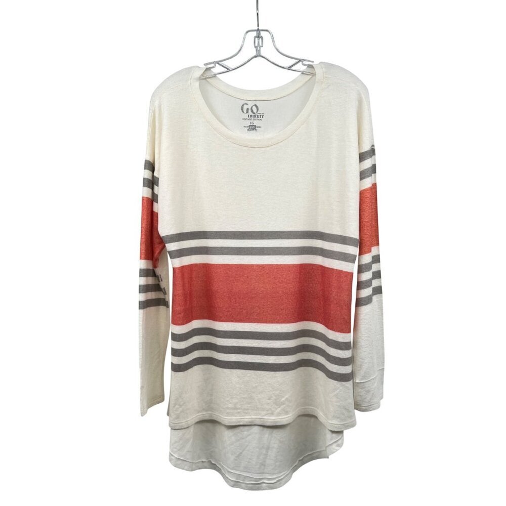 GO Couture Womens Lightweight Pullover Sweater Cream/Multi Striped Size Large